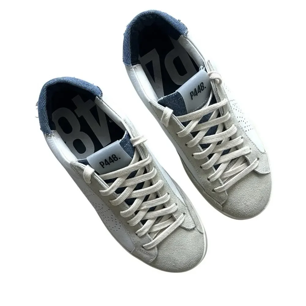 P448 John Denim Lace up Low Top Sneakers Women's White/Blue Round Toe Sz 38